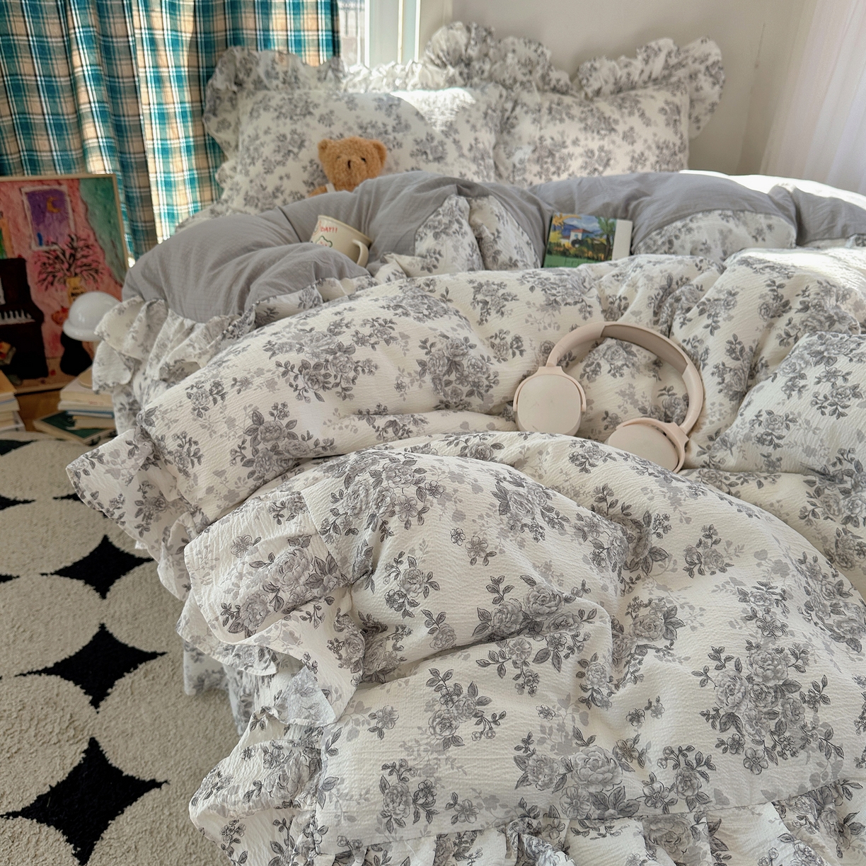 91家纺网 家纺一手货源 找家纺 摩妮卡 2026春夏新款韩版花边水洗棉泡泡纱床盖四件套 糯糯小花