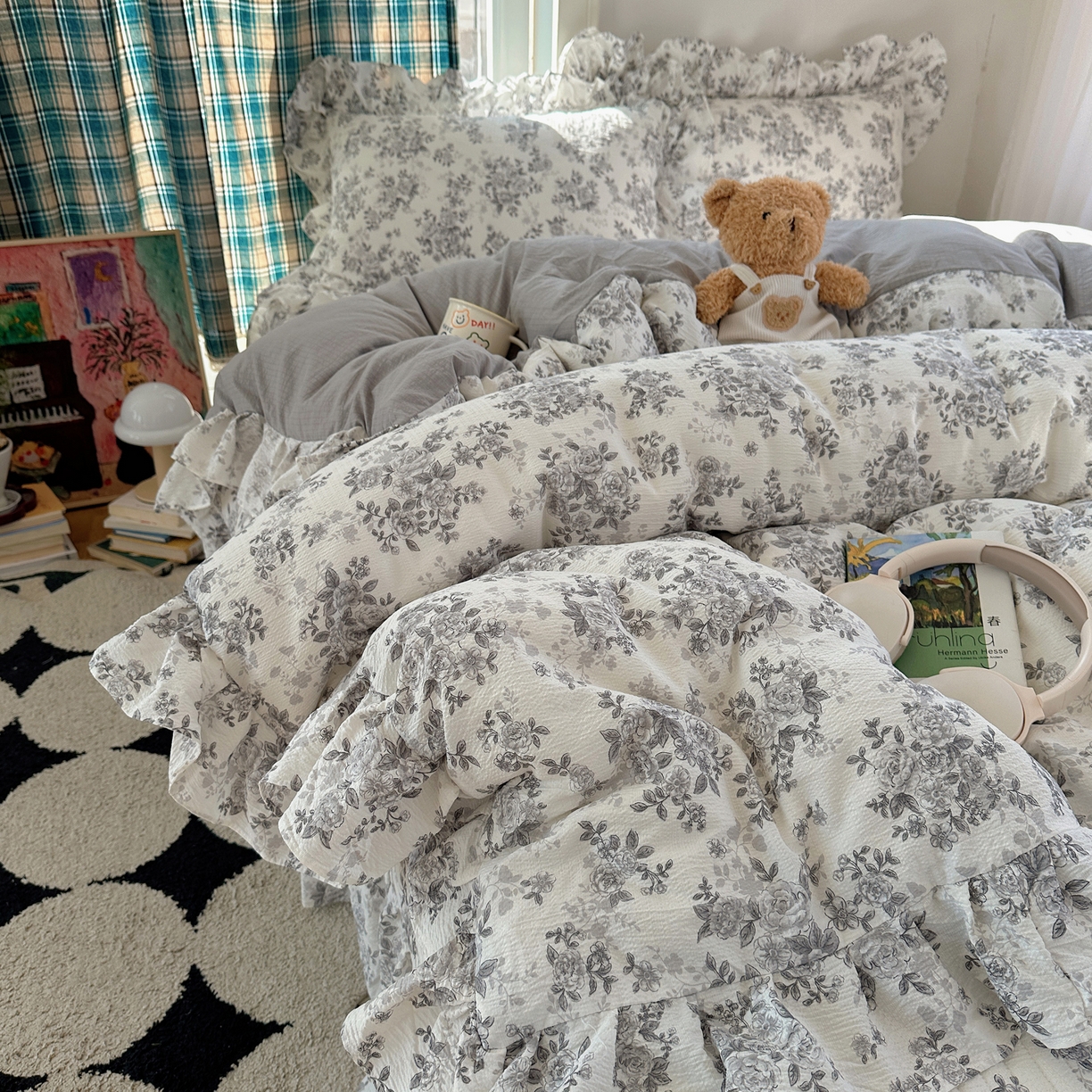 91家纺网 家纺一手货源 找家纺 摩妮卡 2026春夏新款韩版花边水洗棉泡泡纱床盖四件套 糯糯小花