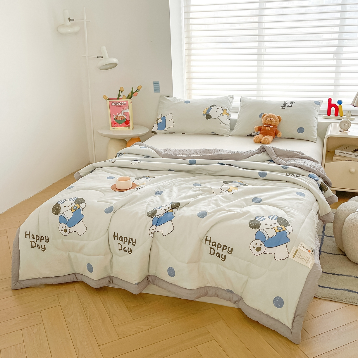 91家纺网 家纺一手货源 找家纺 悦织语 2026新款A类水洗棉双层纱豆豆被大豆夏凉被 帅气小狗