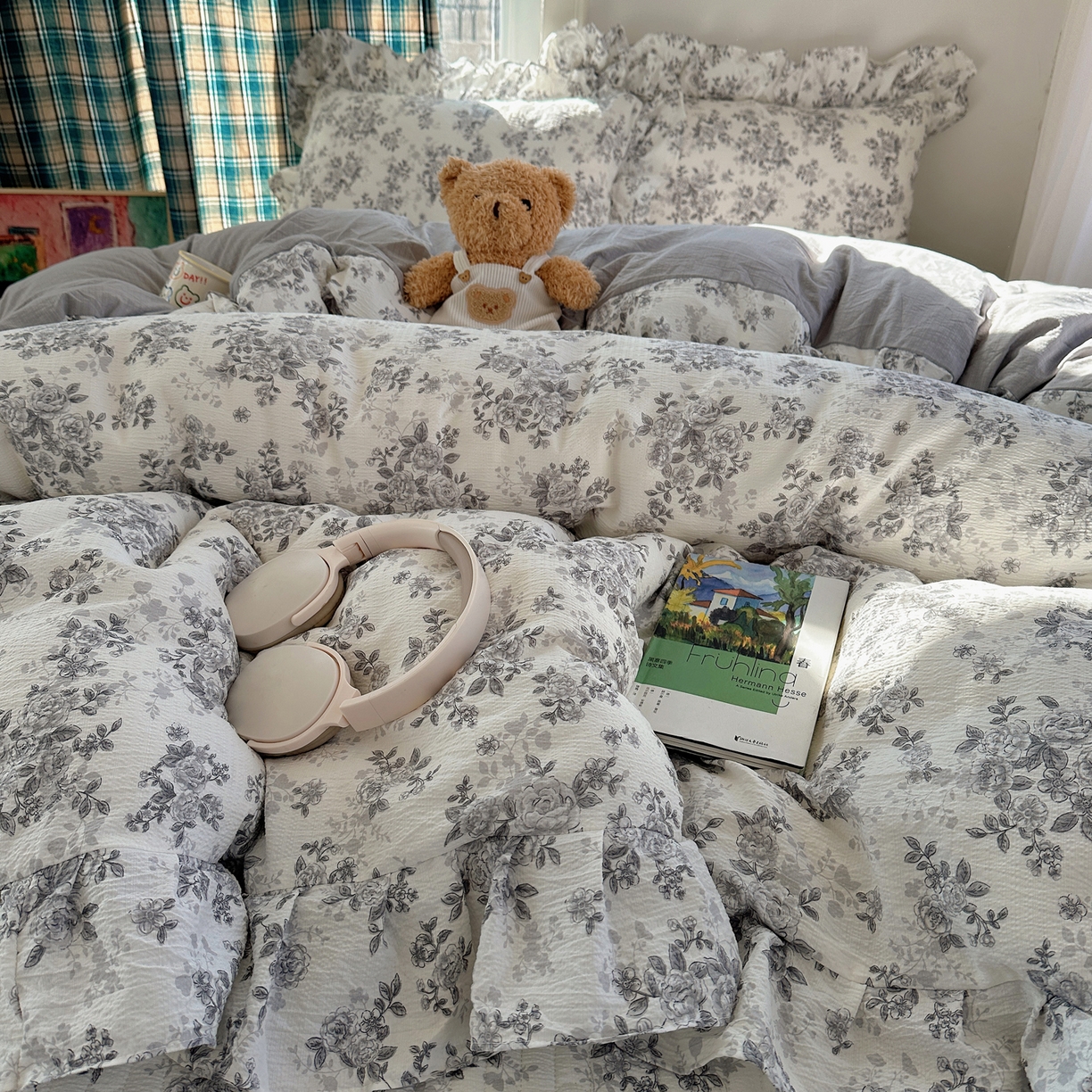 91家纺网 家纺一手货源 找家纺 摩妮卡 2026春夏新款韩版花边水洗棉泡泡纱床盖四件套 糯糯小花