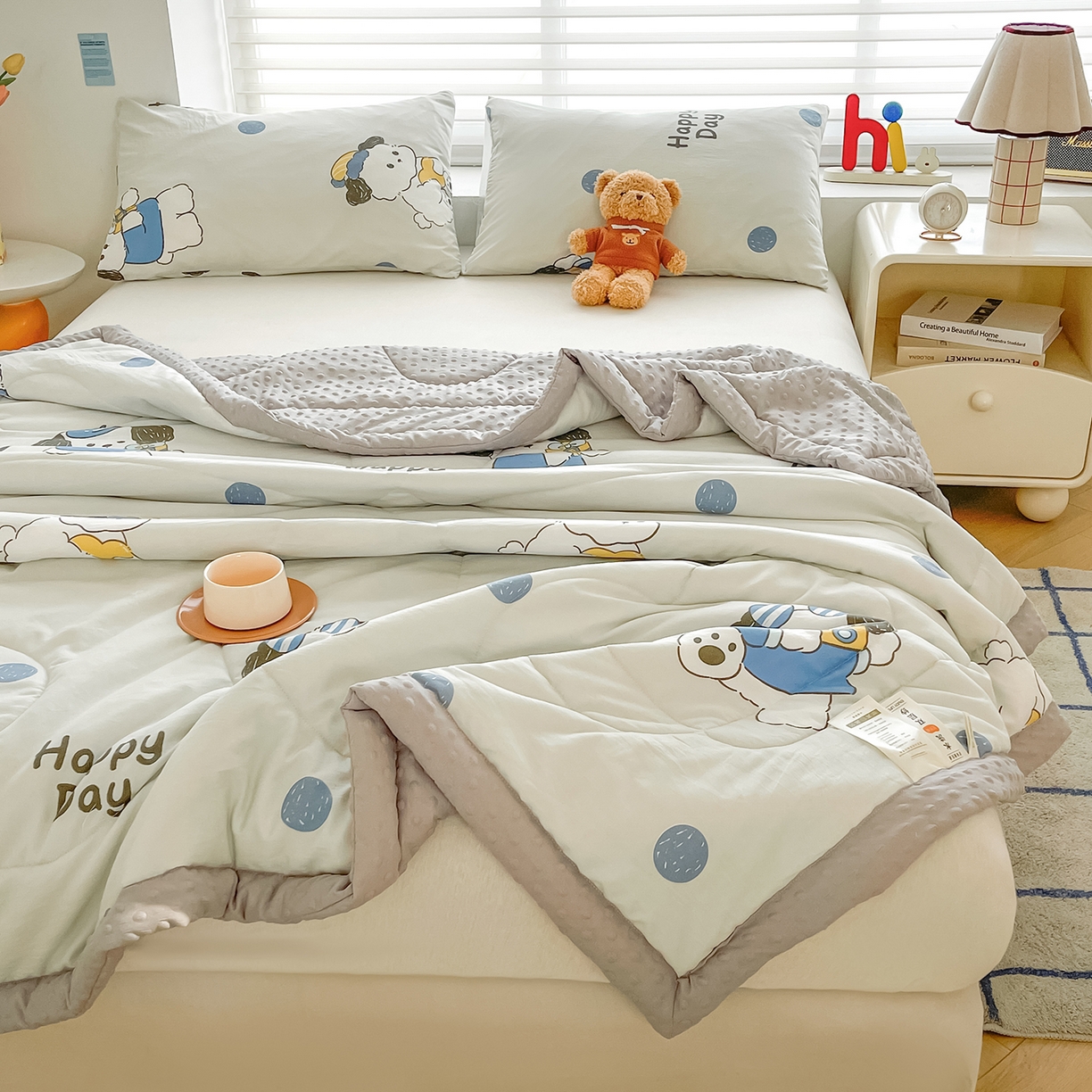 91家纺网 家纺一手货源 找家纺 悦织语 2026新款A类水洗棉双层纱豆豆被大豆夏凉被 帅气小狗