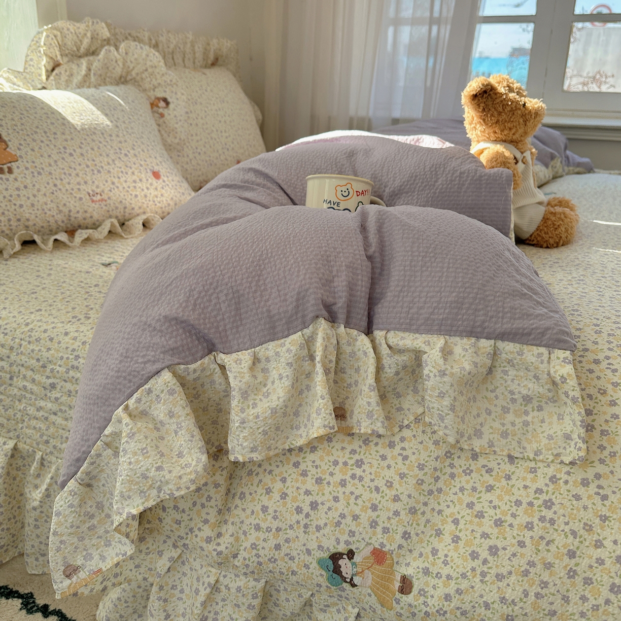 91家纺网 家纺一手货源 找家纺 摩妮卡 2026春夏新款韩版花边水洗棉泡泡纱床盖四件套 小萝莉