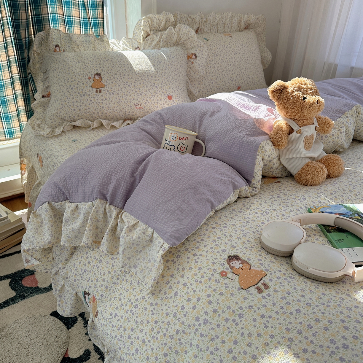 91家纺网 家纺一手货源 找家纺 摩妮卡 2026春夏新款韩版花边水洗棉泡泡纱床盖四件套 小萝莉