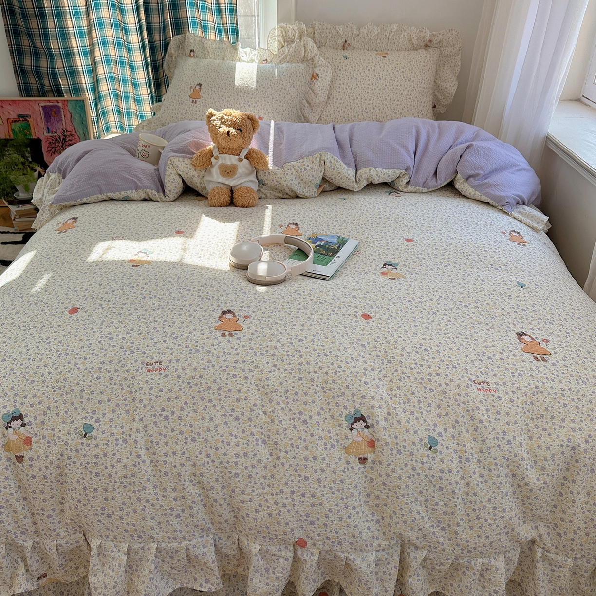 91家纺网 家纺一手货源 找家纺 摩妮卡 2026春夏新款韩版花边水洗棉泡泡纱床盖四件套 小萝莉