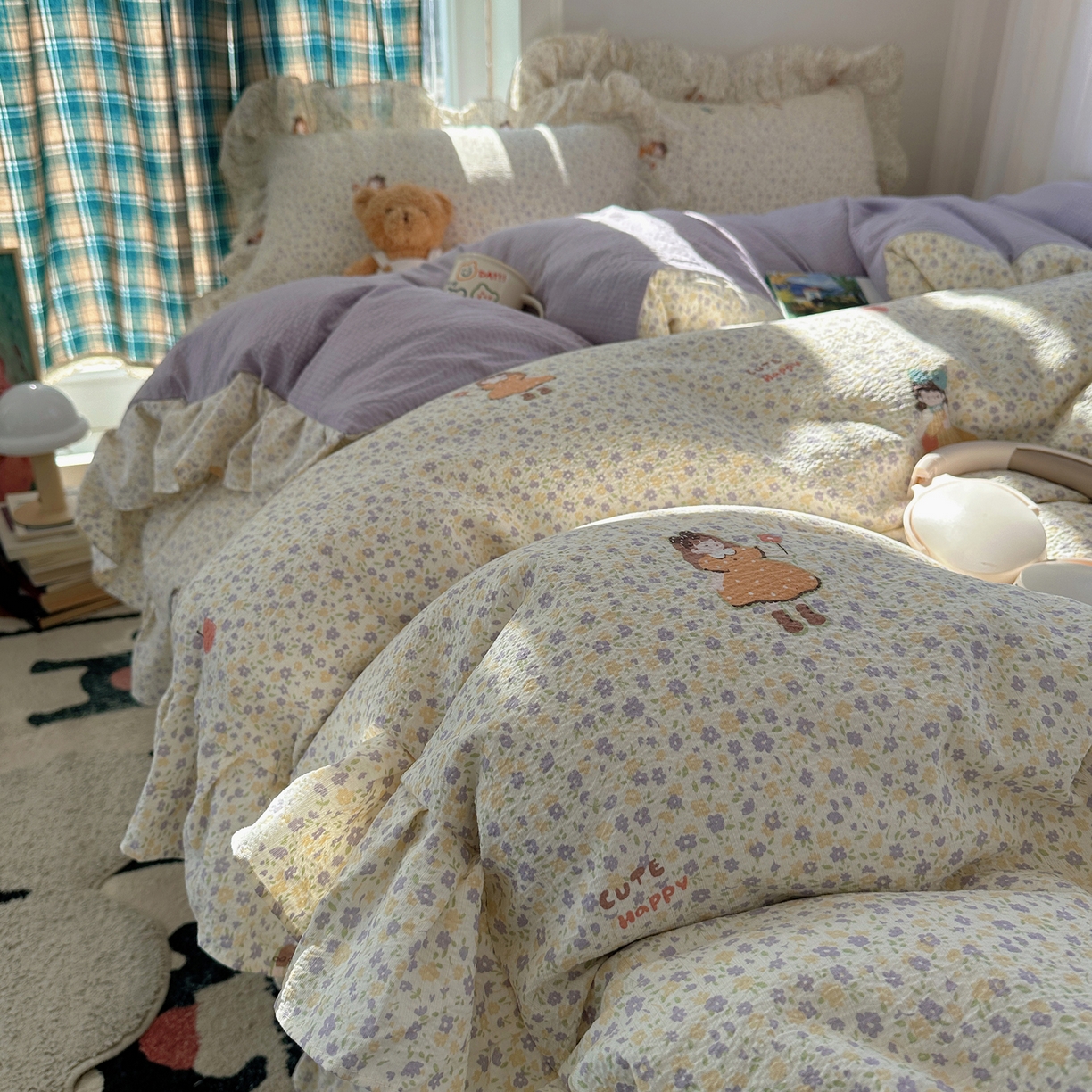 91家纺网 家纺一手货源 找家纺 摩妮卡 2026春夏新款韩版花边水洗棉泡泡纱床盖四件套 小萝莉