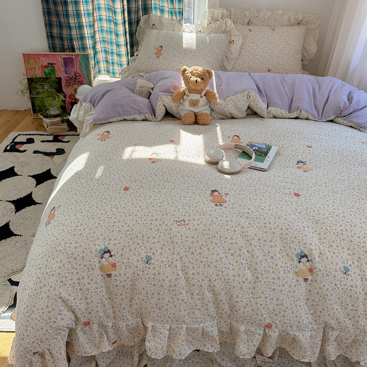 91家纺网 家纺一手货源 找家纺 摩妮卡 2026春夏新款韩版花边水洗棉泡泡纱床盖四件套 小萝莉