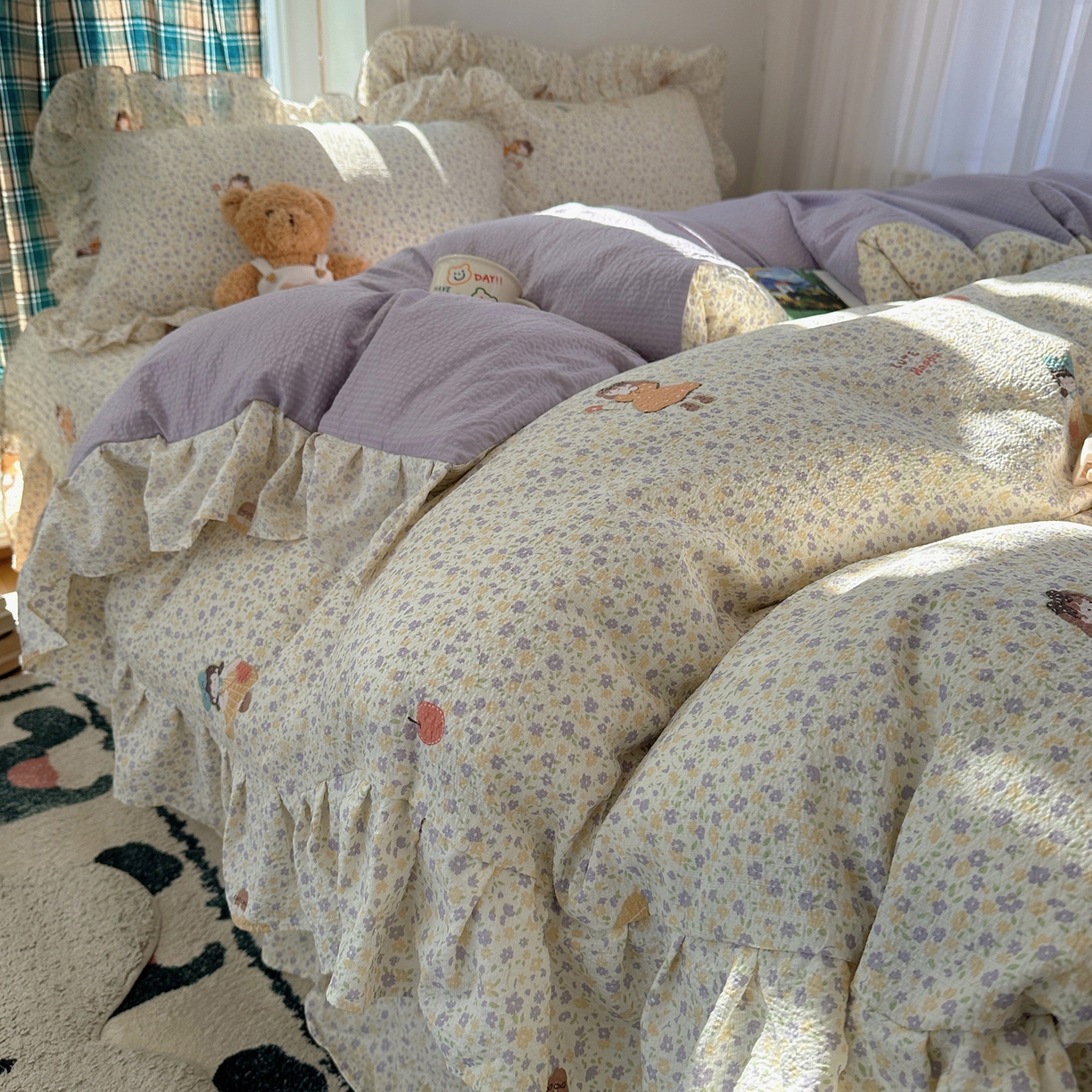 91家纺网 家纺一手货源 找家纺 摩妮卡 2026春夏新款韩版花边水洗棉泡泡纱床盖四件套 小萝莉