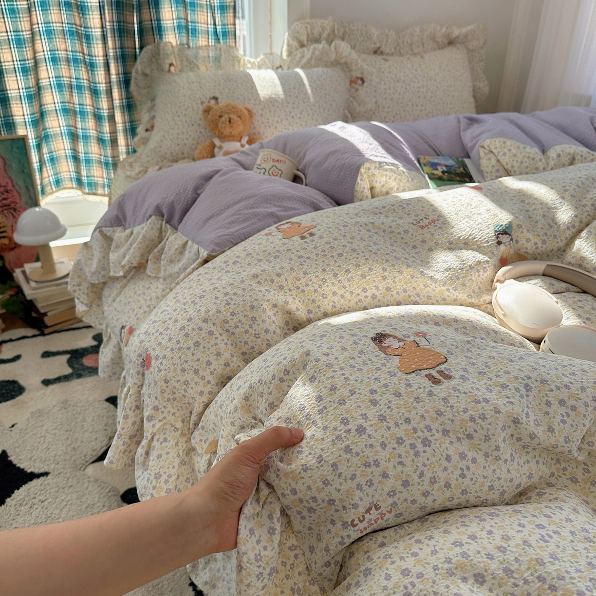 91家纺网 家纺一手货源 找家纺 摩妮卡 2026春夏新款韩版花边水洗棉泡泡纱床盖四件套 小萝莉