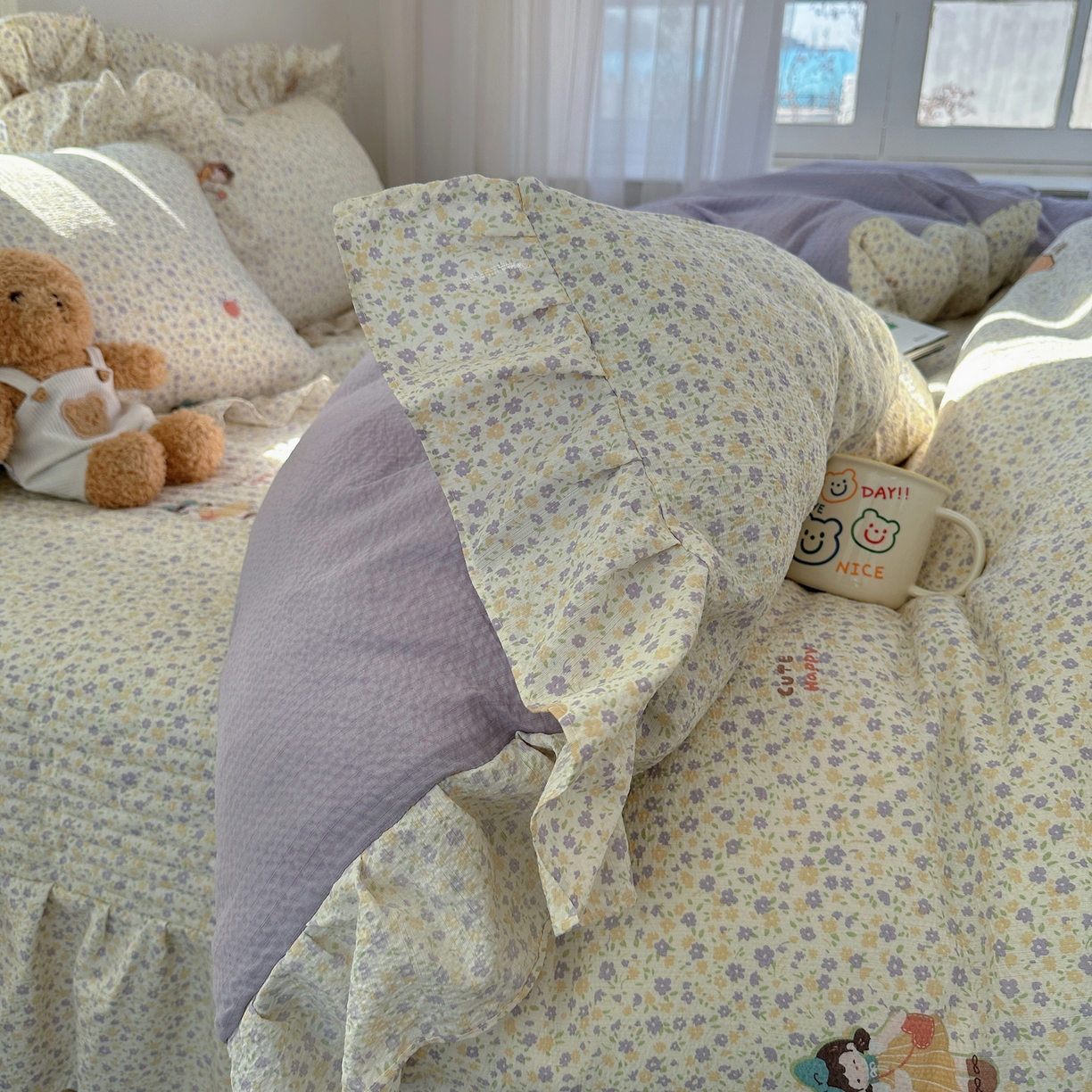 91家纺网 家纺一手货源 找家纺 摩妮卡 2026春夏新款韩版花边水洗棉泡泡纱床盖四件套 小萝莉