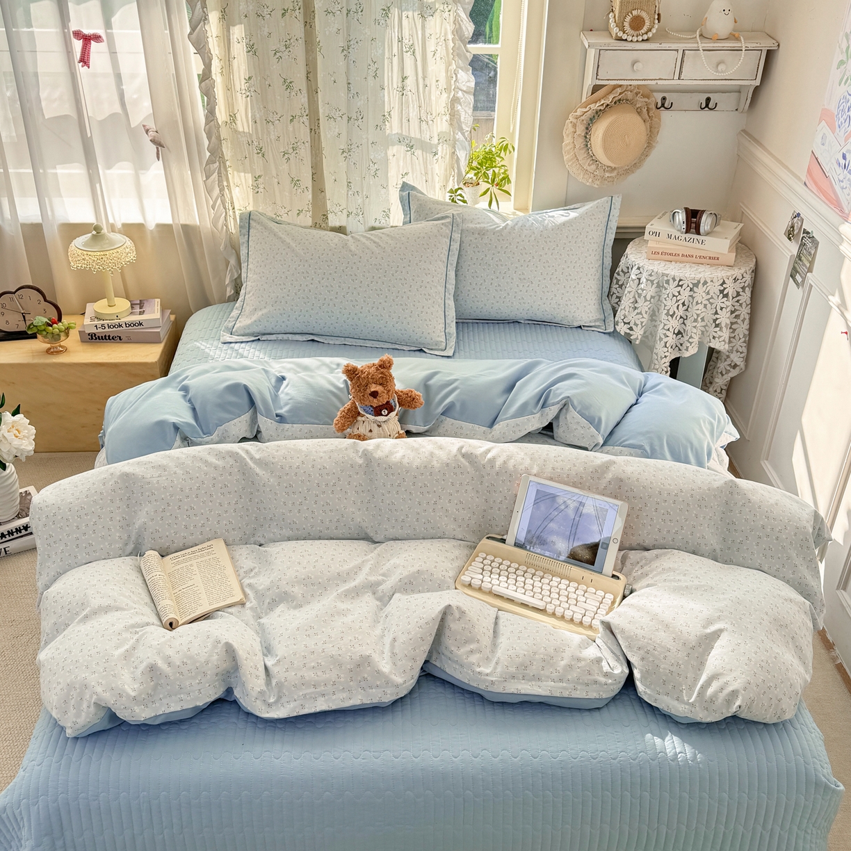 91家纺网 家纺一手货源 找家纺 富之航家纺 2026新款小清新床盖四件套 繁星蓝灰