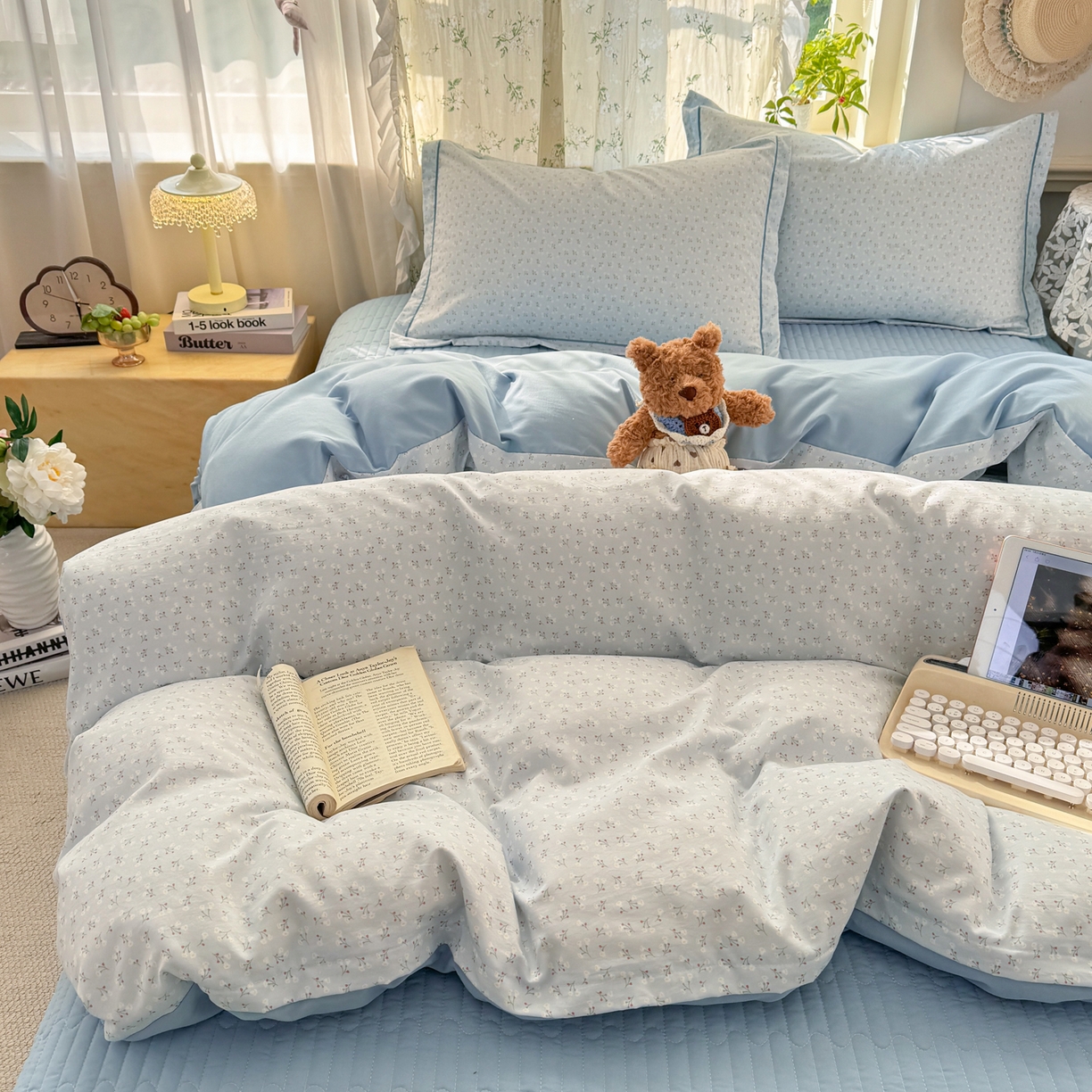 91家纺网 家纺一手货源 找家纺 富之航家纺 2026新款小清新床盖四件套 繁星蓝灰