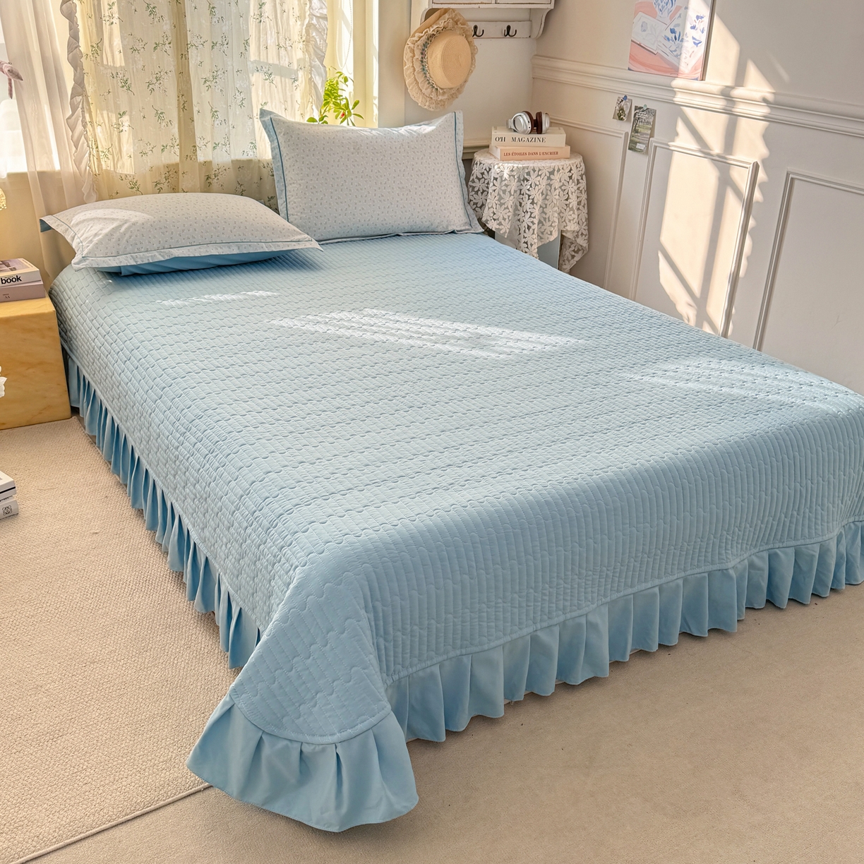 91家纺网 家纺一手货源 找家纺 富之航家纺 2026新款小清新床盖四件套 繁星蓝灰