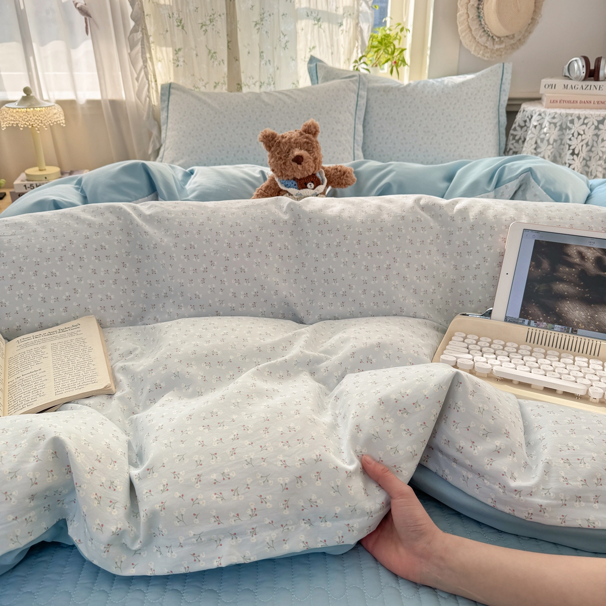 91家纺网 家纺一手货源 找家纺 富之航家纺 2026新款小清新床盖四件套 繁星蓝灰