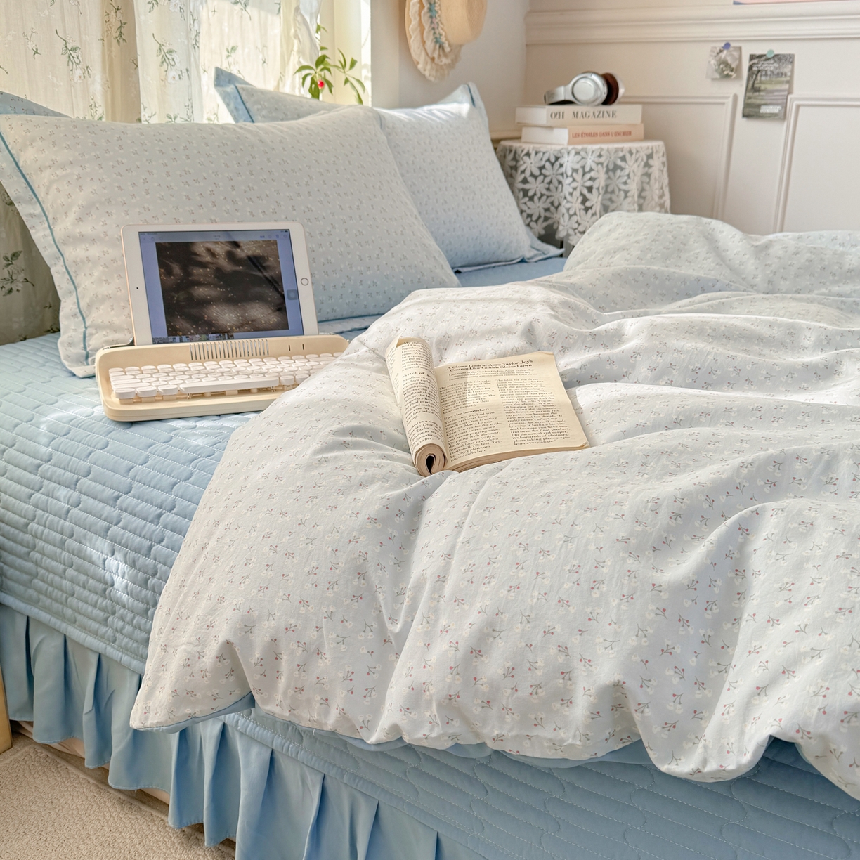 91家纺网 家纺一手货源 找家纺 富之航家纺 2026新款小清新床盖四件套 繁星蓝灰