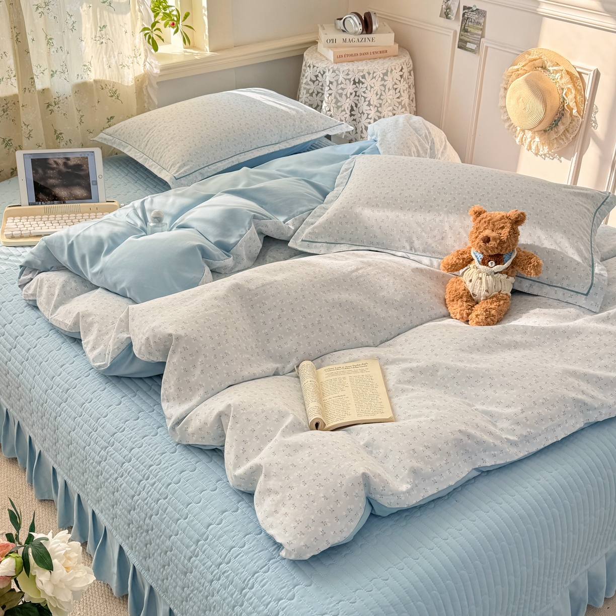 91家纺网 家纺一手货源 找家纺 富之航家纺 2026新款小清新床盖四件套 繁星蓝灰