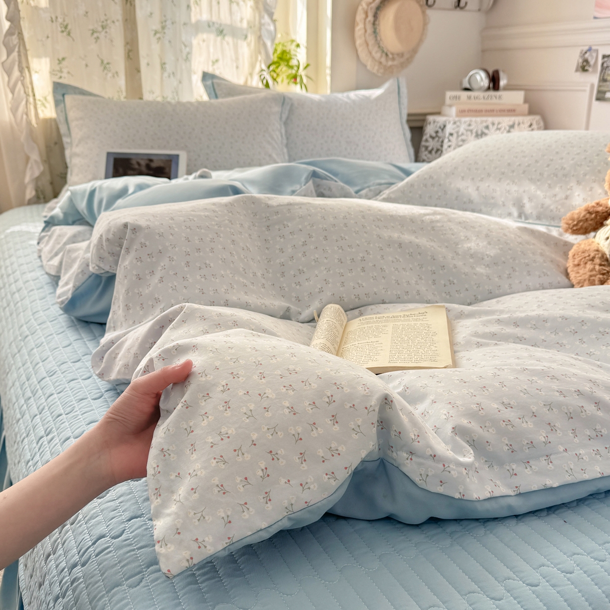 91家纺网 家纺一手货源 找家纺 富之航家纺 2026新款小清新床盖四件套 繁星蓝灰