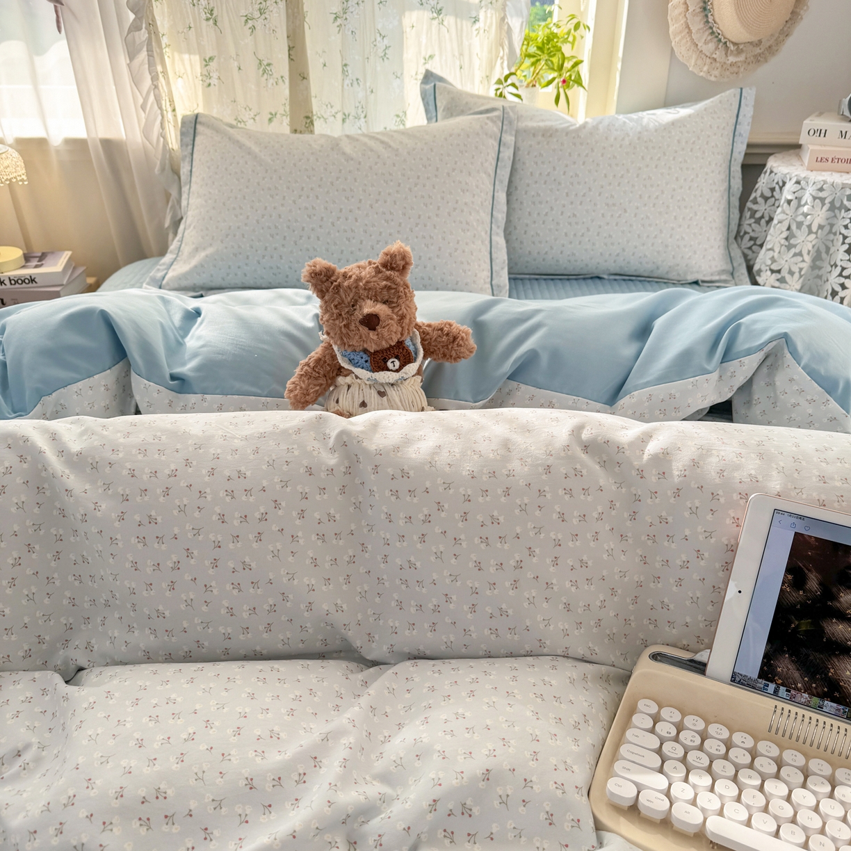 91家纺网 家纺一手货源 找家纺 富之航家纺 2026新款小清新床盖四件套 繁星蓝灰