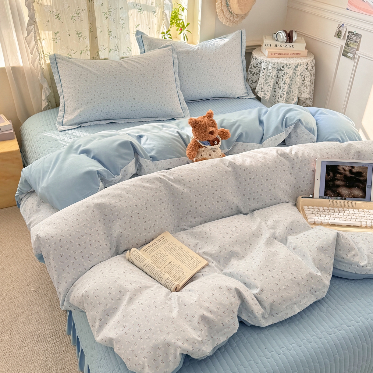 91家纺网 家纺一手货源 找家纺 富之航家纺 2026新款小清新床盖四件套 繁星蓝灰