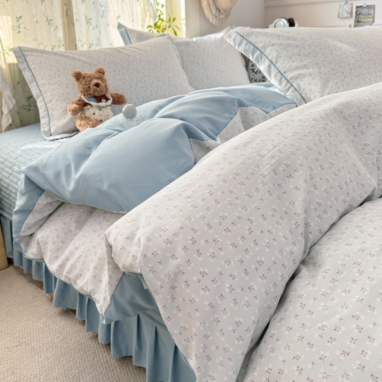 91家纺网 家纺一手货源 找家纺 富之航家纺 2026新款小清新床盖四件套 繁星蓝灰