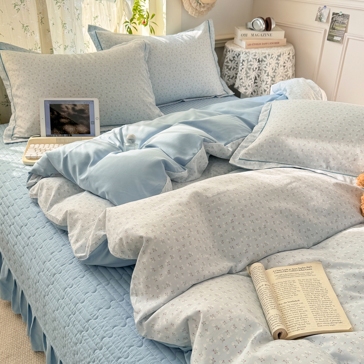 91家纺网 家纺一手货源 找家纺 富之航家纺 2026新款小清新床盖四件套 繁星蓝灰