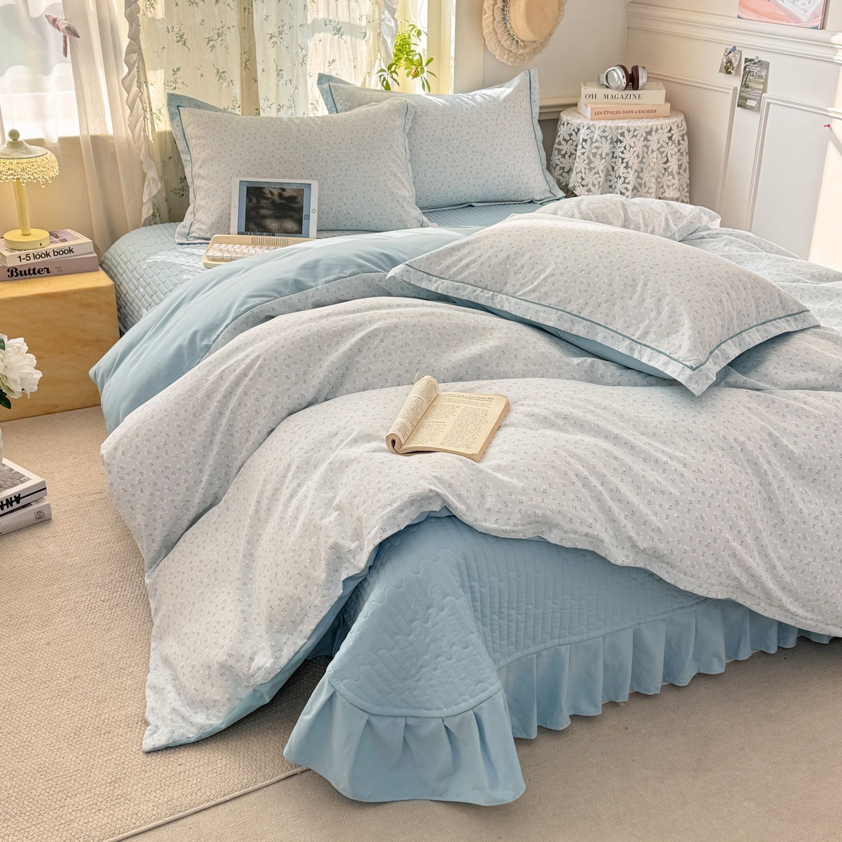 富之航家纺 2026新款小清新床盖四件套 繁星蓝灰