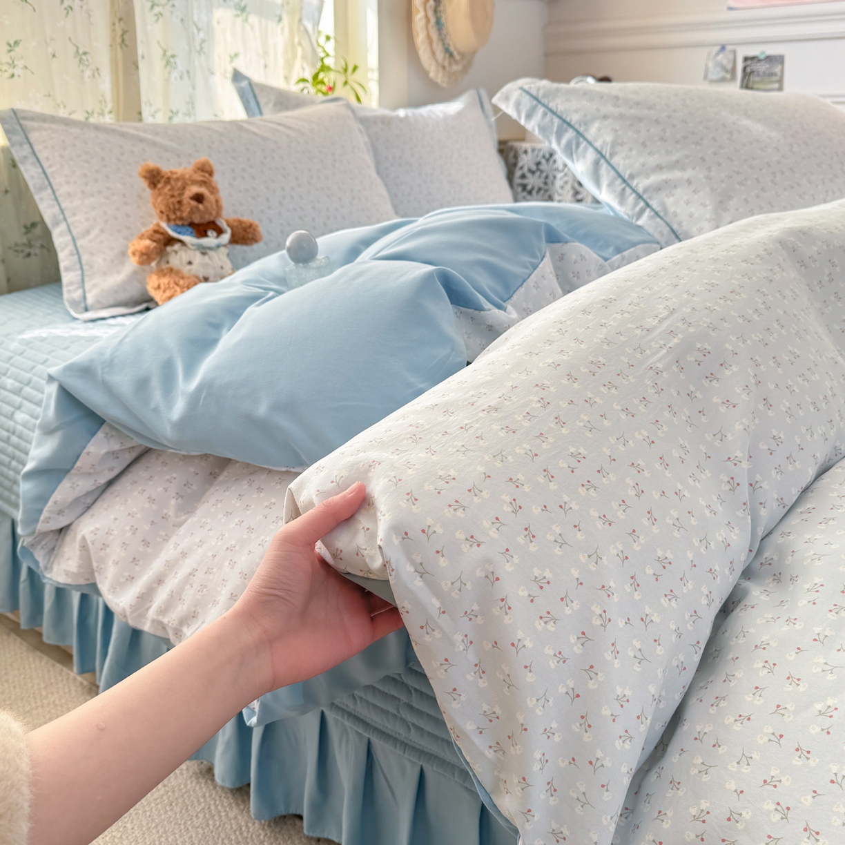 91家纺网 家纺一手货源 找家纺 富之航家纺 2026新款小清新床盖四件套 繁星蓝灰