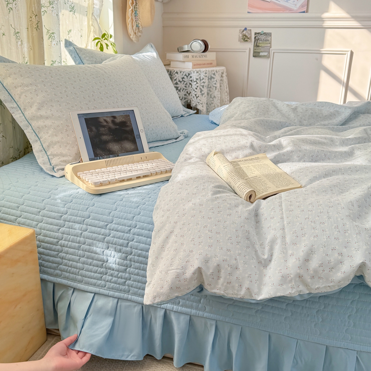 91家纺网 家纺一手货源 找家纺 富之航家纺 2026新款小清新床盖四件套 繁星蓝灰