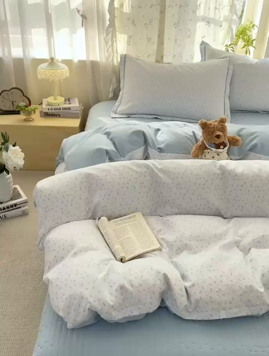 91家纺网 家纺一手货源 找家纺 富之航家纺 2026新款小清新床盖四件套 繁星蓝灰