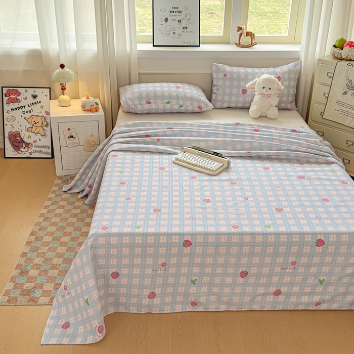 91家纺网 家纺一手货源 找家纺 爱彼家纺 2026新款细沙卡通原棉老粗布床单凉席床单三件套-新升级细沙 草莓星芒