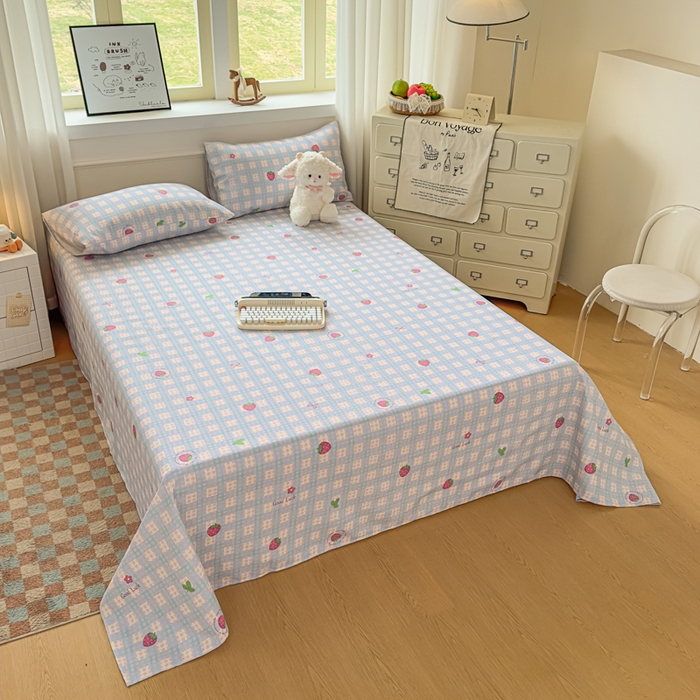 91家纺网 家纺一手货源 找家纺 爱彼家纺 2026新款细沙卡通原棉老粗布床单凉席床单三件套-新升级细沙 草莓星芒