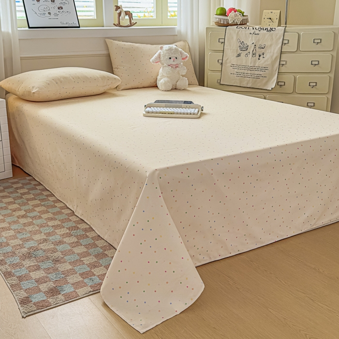 91家纺网 家纺一手货源 找家纺 爱彼家纺 2026新款细沙卡通原棉老粗布床单凉席床单三件套-新升级细沙 彩虹波点