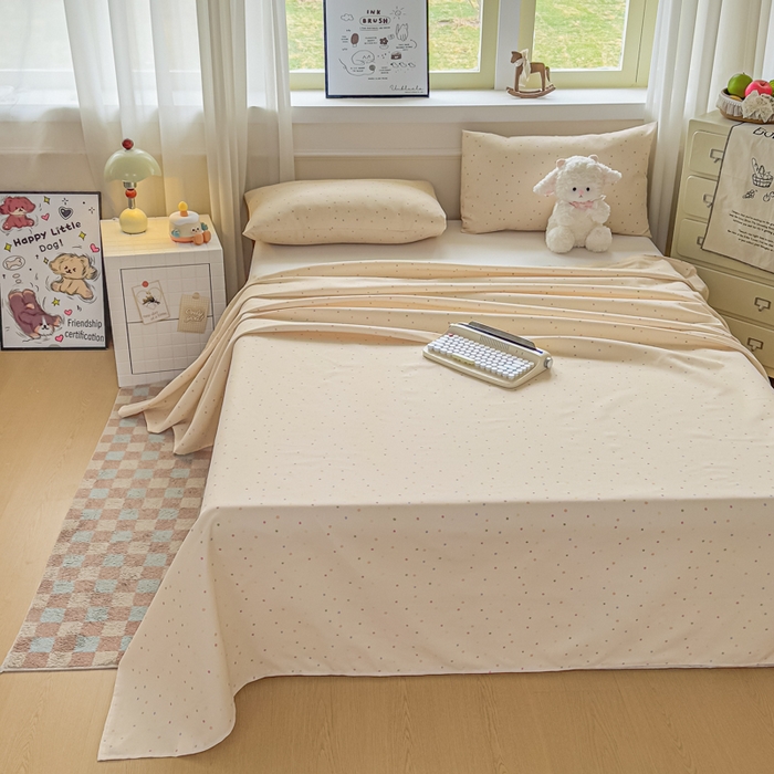 91家纺网 家纺一手货源 找家纺 爱彼家纺 2026新款细沙卡通原棉老粗布床单凉席床单三件套-新升级细沙 彩虹波点