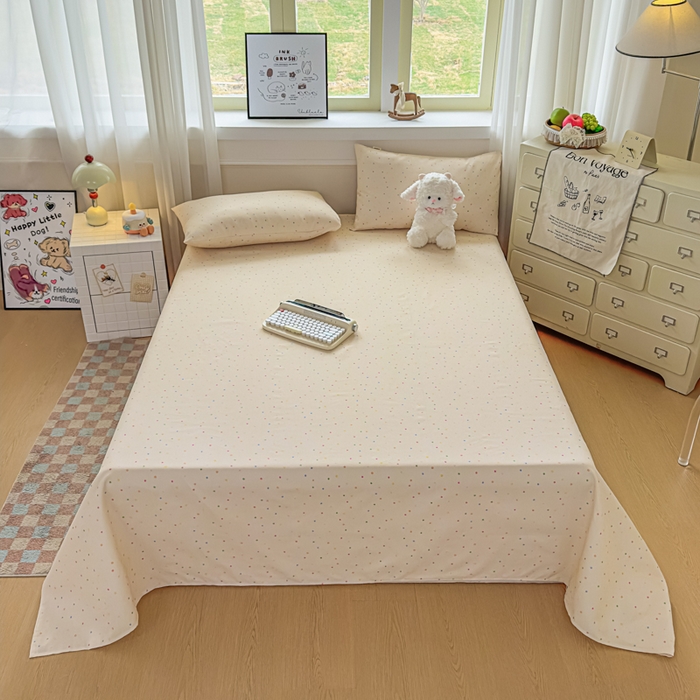 91家纺网 家纺一手货源 找家纺 爱彼家纺 2026新款细沙卡通原棉老粗布床单凉席床单三件套-新升级细沙 彩虹波点