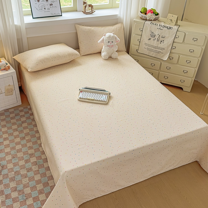 91家纺网 家纺一手货源 找家纺 爱彼家纺 2026新款细沙卡通原棉老粗布床单凉席床单三件套-新升级细沙 彩虹波点