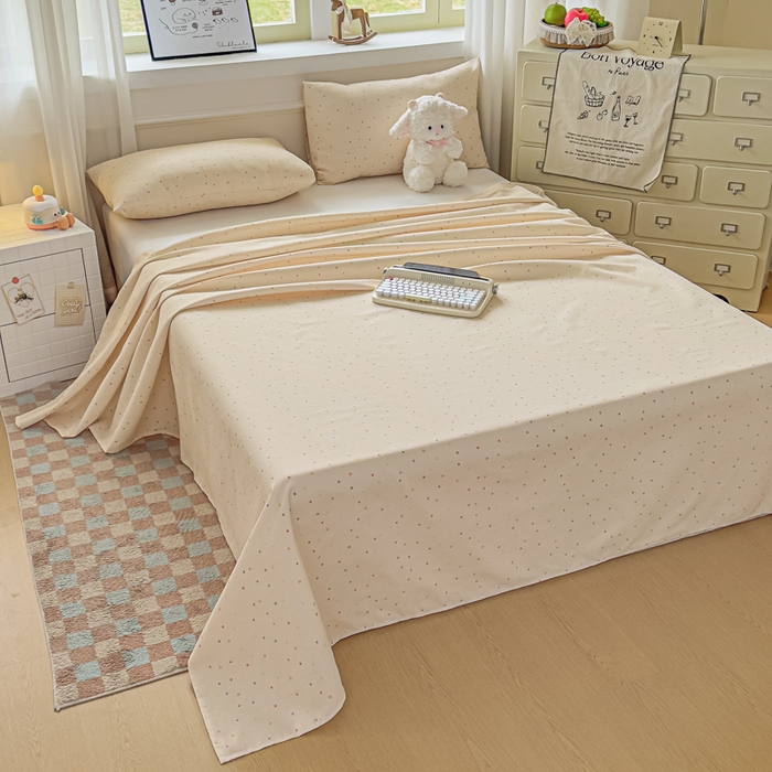 91家纺网 家纺一手货源 找家纺 爱彼家纺 2026新款细沙卡通原棉老粗布床单凉席床单三件套-新升级细沙 彩虹波点