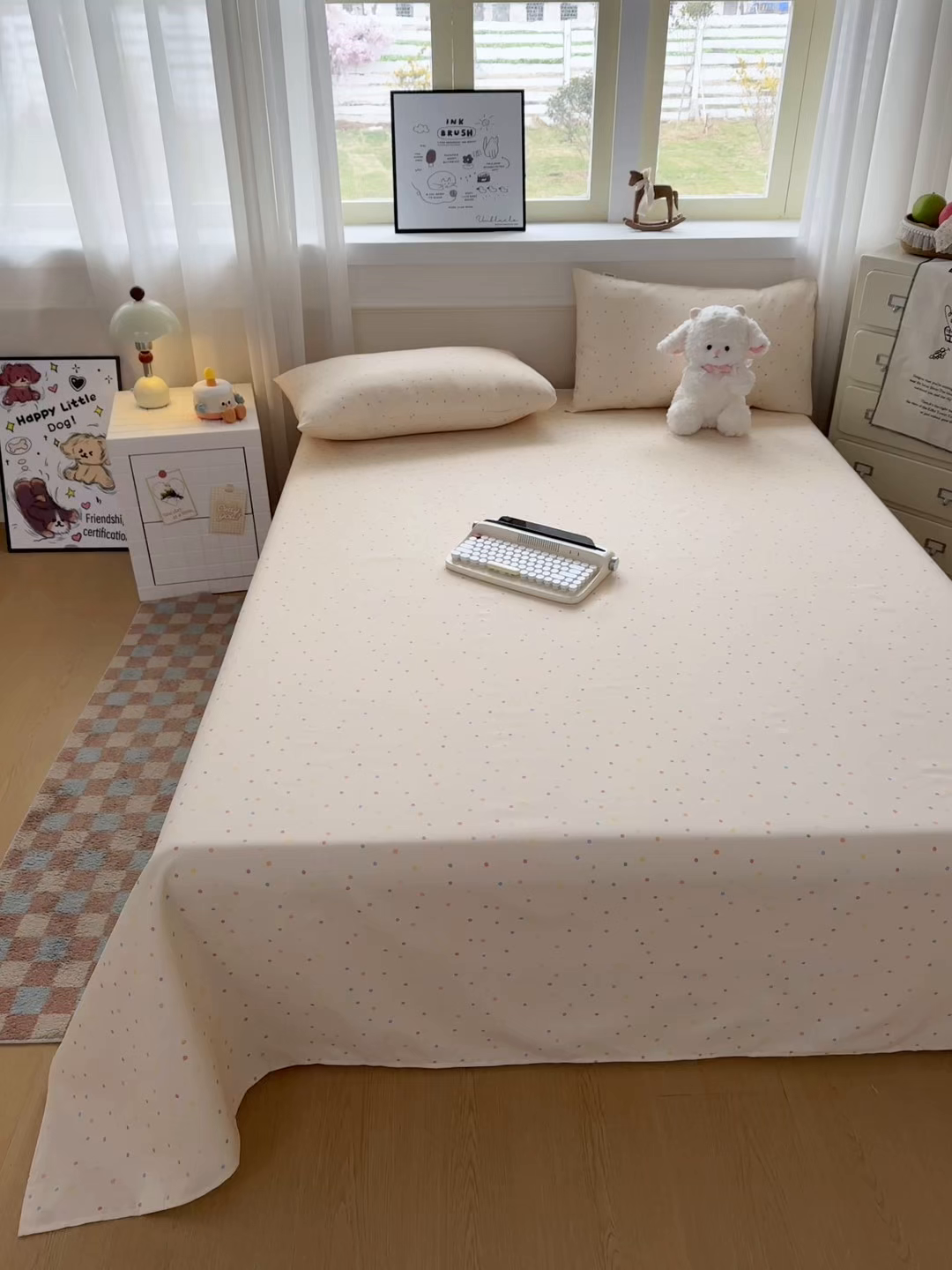 91家纺网 家纺一手货源 找家纺 爱彼家纺 2026新款细沙卡通原棉老粗布床单凉席床单三件套-新升级细沙 彩虹波点