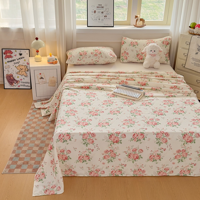 91家纺网 家纺一手货源 找家纺 爱彼家纺 2026新款细沙卡通原棉老粗布床单凉席床单三件套-新升级细沙 粉玫密语