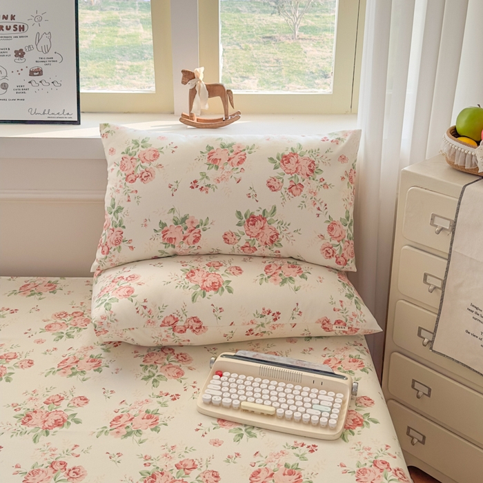 91家纺网 家纺一手货源 找家纺 爱彼家纺 2026新款细沙卡通原棉老粗布床单凉席床单三件套-新升级细沙 粉玫密语