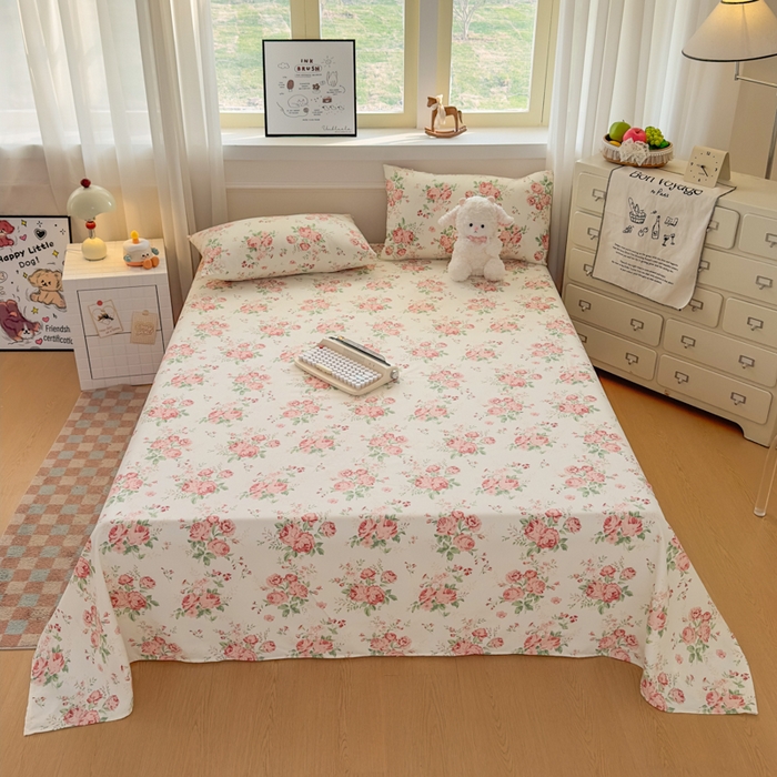 91家纺网 家纺一手货源 找家纺 爱彼家纺 2026新款细沙卡通原棉老粗布床单凉席床单三件套-新升级细沙 粉玫密语