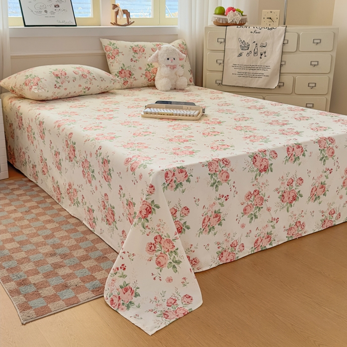 91家纺网 家纺一手货源 找家纺 爱彼家纺 2026新款细沙卡通原棉老粗布床单凉席床单三件套-新升级细沙 粉玫密语