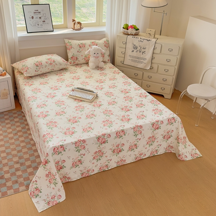 91家纺网 家纺一手货源 找家纺 爱彼家纺 2026新款细沙卡通原棉老粗布床单凉席床单三件套-新升级细沙 粉玫密语