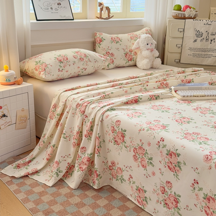 91家纺网 家纺一手货源 找家纺 爱彼家纺 2026新款细沙卡通原棉老粗布床单凉席床单三件套-新升级细沙 粉玫密语