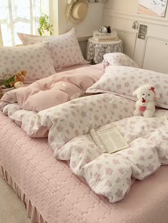 91家纺网 家纺一手货源 找家纺 富之航家纺 2026新款小清新床盖四件套 花颜