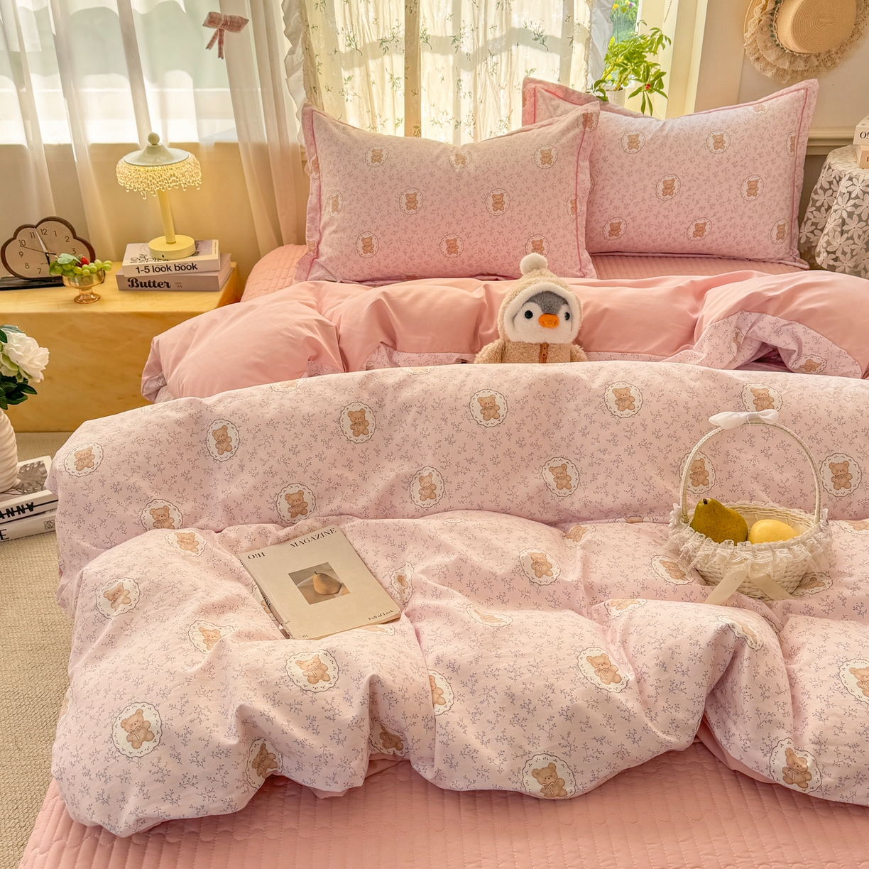 91家纺网 家纺一手货源 找家纺  富之航家纺 2026新款小清新床盖四件套 花园萌熊