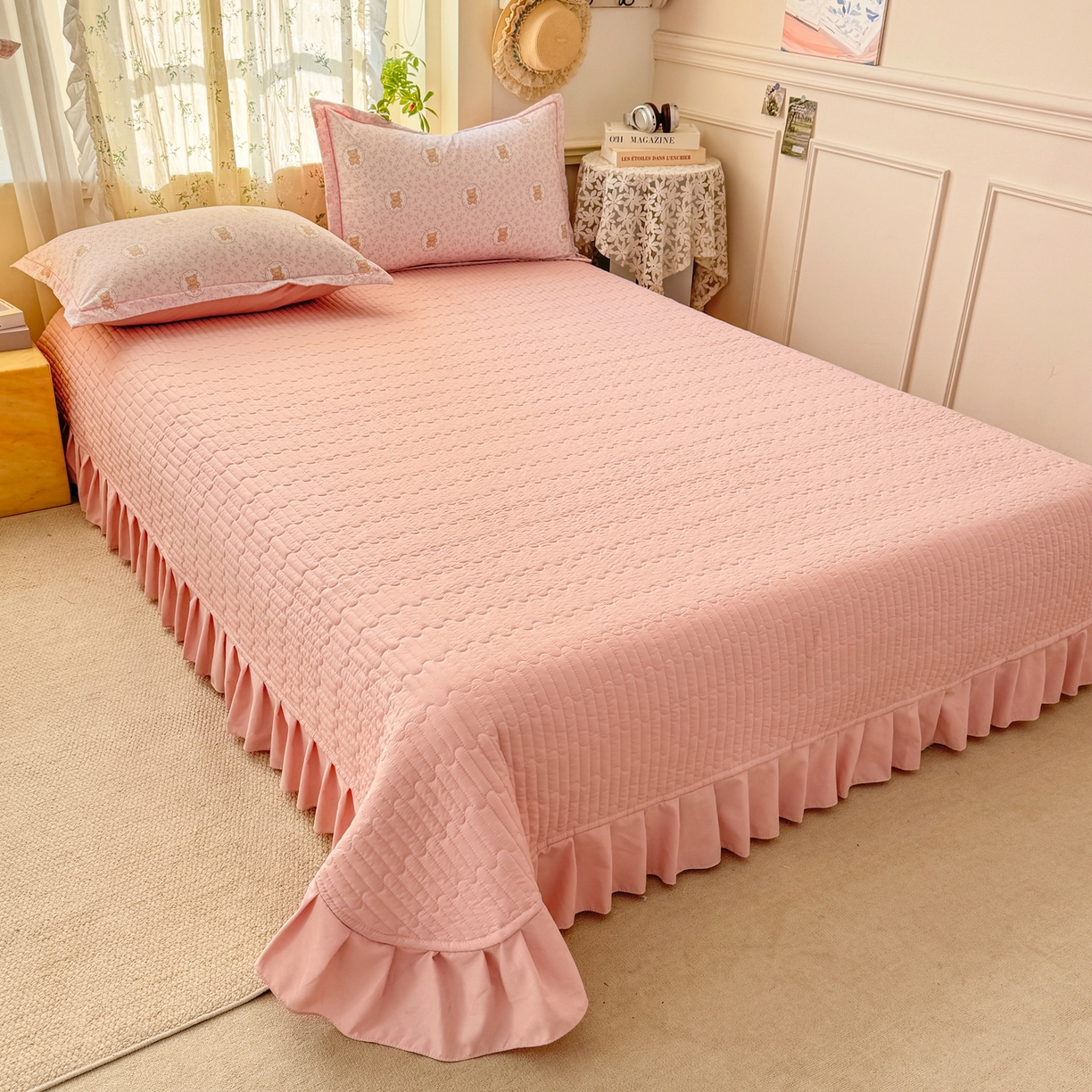 91家纺网 家纺一手货源 找家纺  富之航家纺 2026新款小清新床盖四件套 花园萌熊