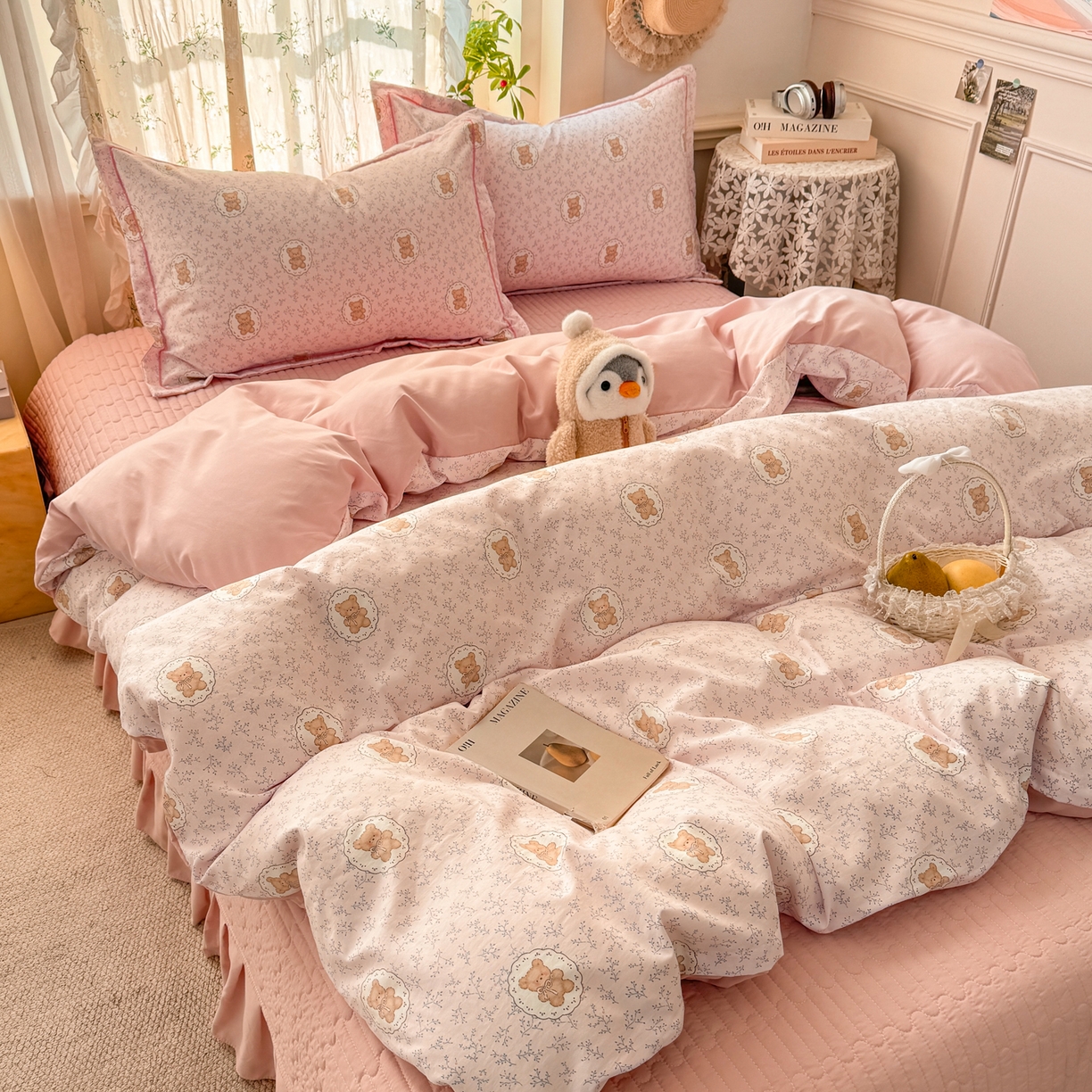 91家纺网 家纺一手货源 找家纺  富之航家纺 2026新款小清新床盖四件套 花园萌熊