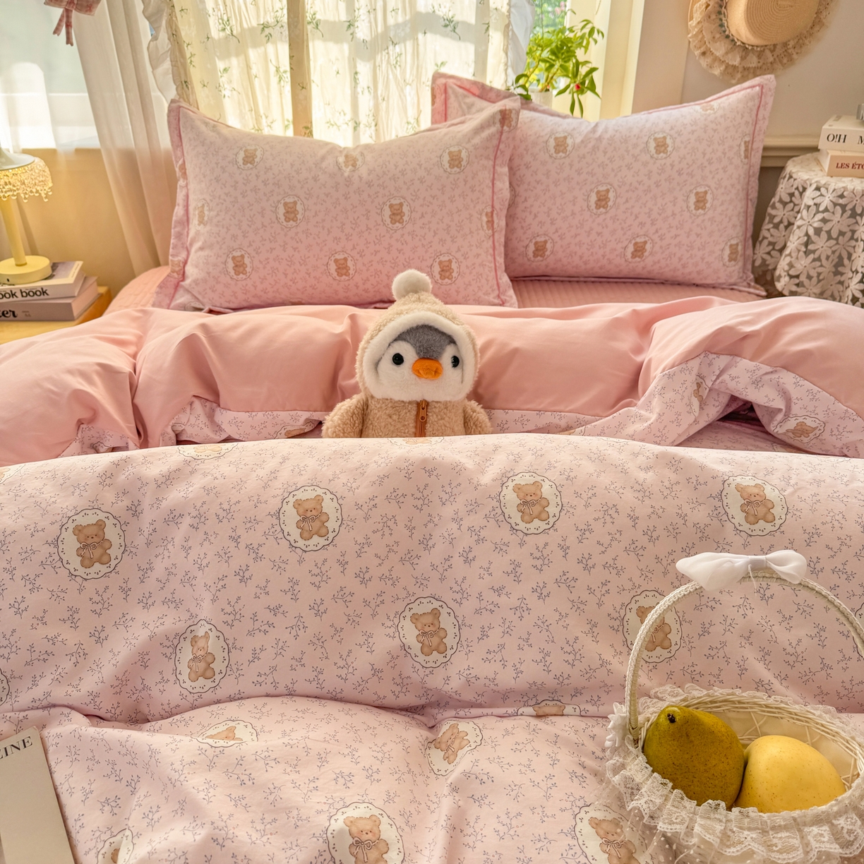 91家纺网 家纺一手货源 找家纺  富之航家纺 2026新款小清新床盖四件套 花园萌熊