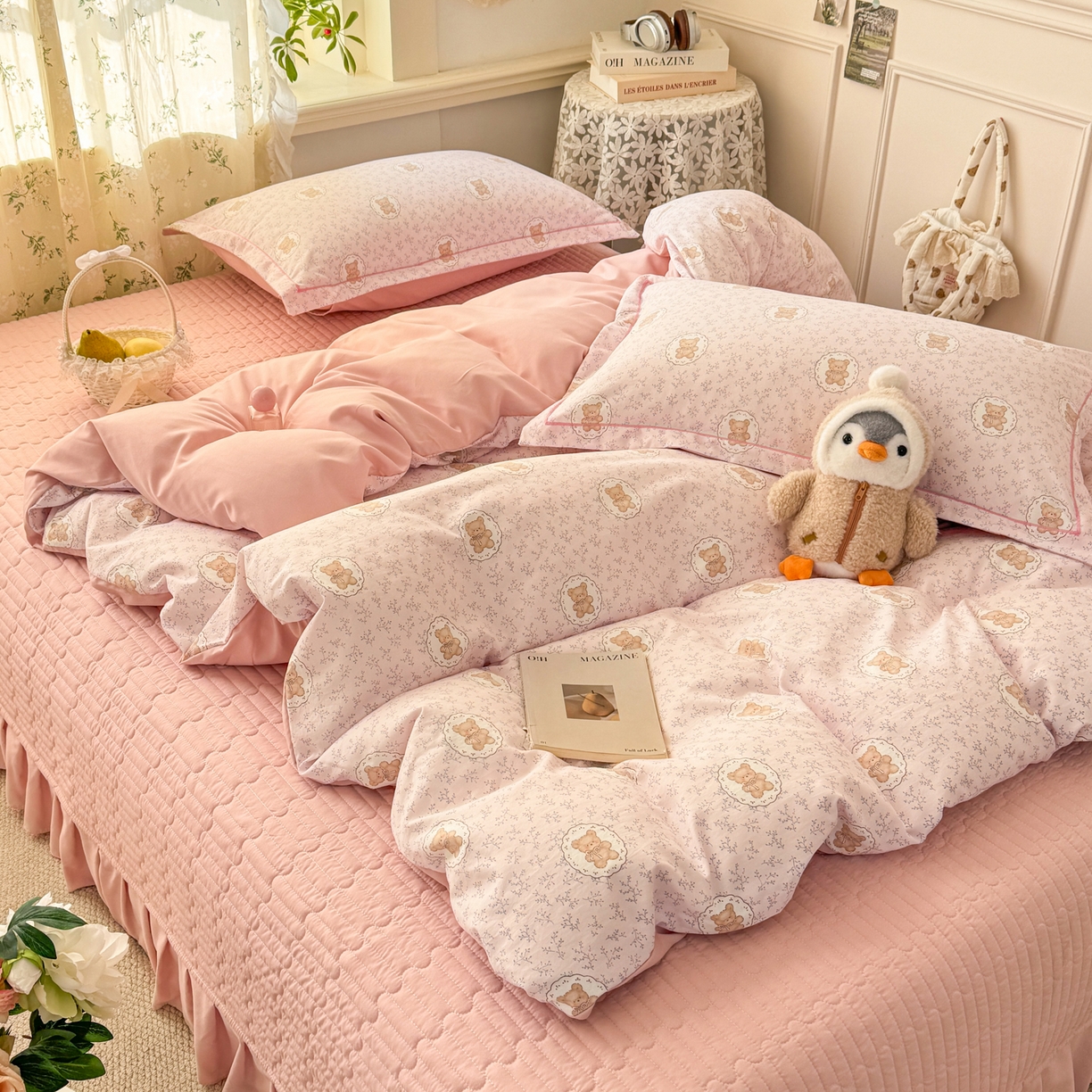 91家纺网 家纺一手货源 找家纺  富之航家纺 2026新款小清新床盖四件套 花园萌熊