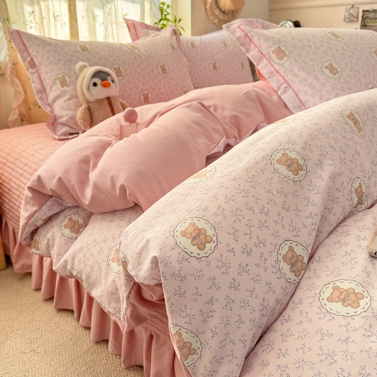 91家纺网 家纺一手货源 找家纺  富之航家纺 2026新款小清新床盖四件套 花园萌熊