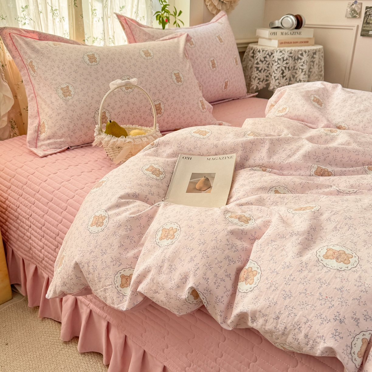 91家纺网 家纺一手货源 找家纺  富之航家纺 2026新款小清新床盖四件套 花园萌熊